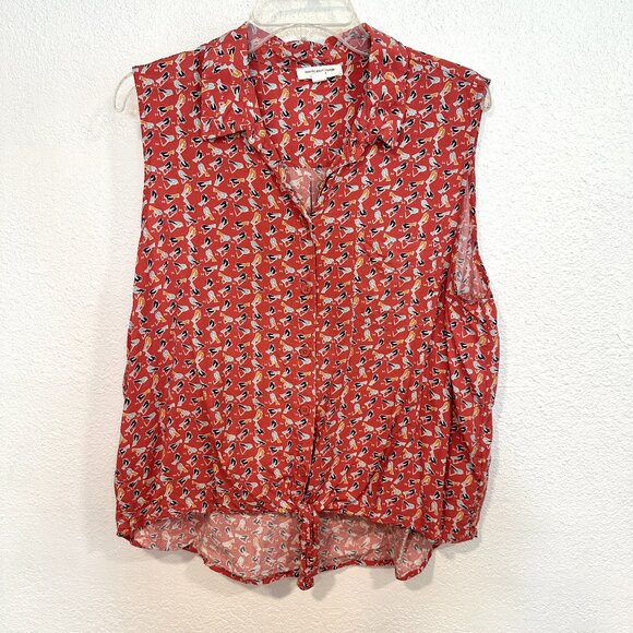 Beach Lunch Lounge Sleeveless Blouse Button Up Tied Waist Bird Pattern Womens XL - Picture 1 of 9
